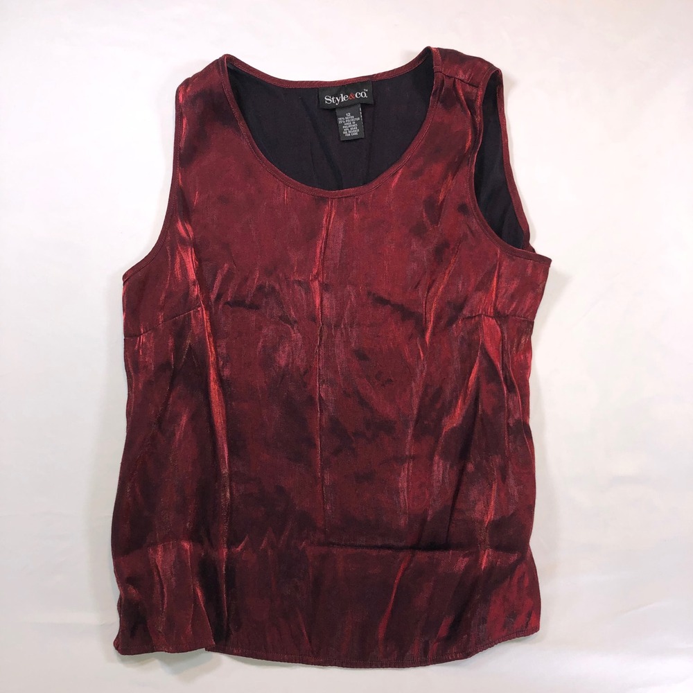 Style & Co Womens Red Shimmer Metallic Sleeveless Scoop Neck Blouse Top Size 12